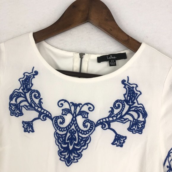 Lulus Women's Size X-Small Tale To Tell Blue Ivory White Short Sleeve Mini Dress - Picture 2 of 10